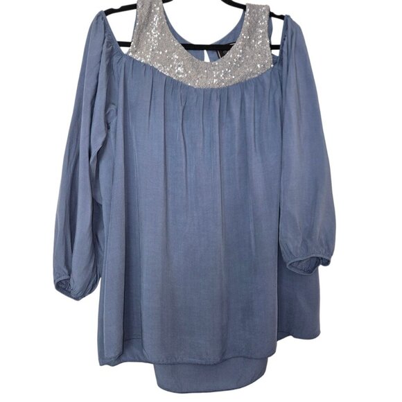 Y2K Almatrichi Blue Cold Shoulder Blouse Sequin Neckline Women’s Size S - Picture 2 of 13